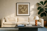 Autumn Leaves White on Taupe I by Albena Hristova. Displayed in a glass frame with matte in a clean modern living room. Available as an archival giclee rolled canvas, fine art paper, or poster print. SKU 55458a.
