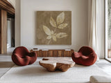 Autumn Leaves White on Taupe II by Albena Hristova. Shown as extra-large giant wall art in a modern living room. Available as an archival giclee rolled canvas, fine art paper, or poster print. SKU 55459a.