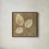 Autumn Leaves White on Taupe III by Albena Hristova. Shown in a sleek black glass frame for a contemporary gallery look. Available as an archival giclee rolled canvas, fine art paper, or poster print. SKU 55460a.
