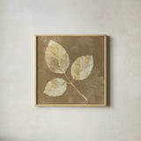 Autumn Leaves White on Taupe III by Albena Hristova. Shown in a natural wood glass frame for a timeless modern aesthetic. Available as an archival giclee rolled canvas, fine art paper, or poster print. SKU 55460a.