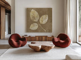 Autumn Leaves White on Taupe III by Albena Hristova. Shown as extra-large giant wall art in a modern living room. Available as an archival giclee rolled canvas, fine art paper, or poster print. SKU 55460a.