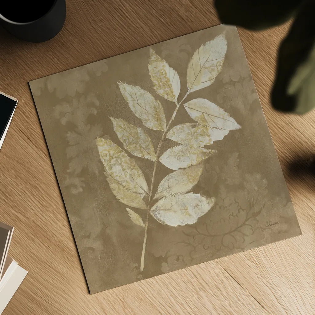 Autumn Leaves White on Taupe IV by Albena Hristova. Shown as a detailed flat fine art print, highlighting archival giclee quality. Available as an archival giclee rolled canvas, fine art paper, or poster print. SKU 55461a.