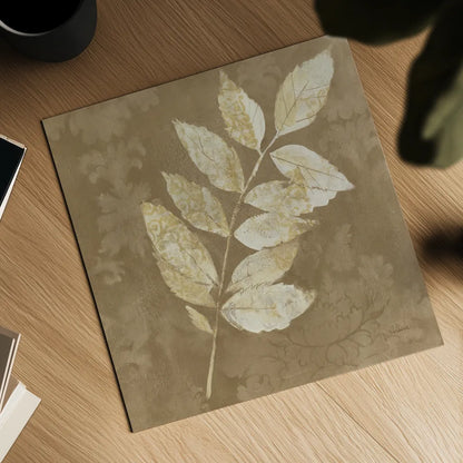 Autumn Leaves White on Taupe IV by Albena Hristova. Shown as a detailed flat fine art print, highlighting archival giclee quality. Available as an archival giclee rolled canvas, fine art paper, or poster print. SKU 55461a.