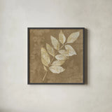 Autumn Leaves White on Taupe IV by Albena Hristova. Shown in a sleek black glass frame for a contemporary gallery look. Available as an archival giclee rolled canvas, fine art paper, or poster print. SKU 55461a.
