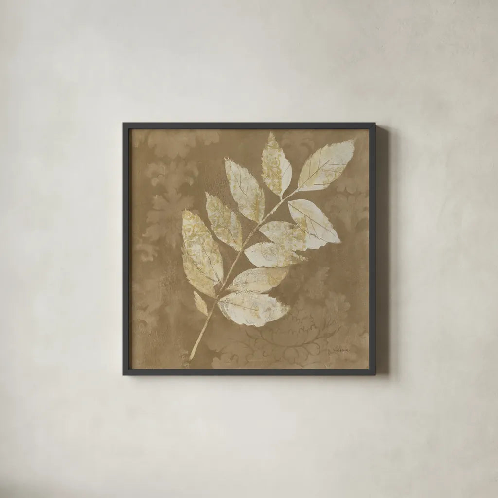 Autumn Leaves White on Taupe IV by Albena Hristova. Shown in a sleek black glass frame for a contemporary gallery look. Available as an archival giclee rolled canvas, fine art paper, or poster print. SKU 55461a.