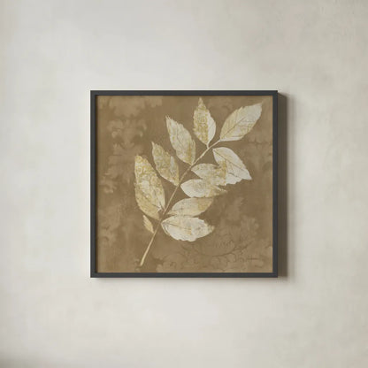 Autumn Leaves White on Taupe IV by Albena Hristova. Shown in a sleek black glass frame for a contemporary gallery look. Available as an archival giclee rolled canvas, fine art paper, or poster print. SKU 55461a.