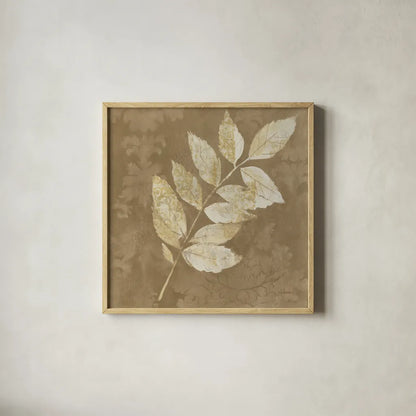 Autumn Leaves White on Taupe IV by Albena Hristova. Shown in a natural wood glass frame for a timeless modern aesthetic. Available as an archival giclee rolled canvas, fine art paper, or poster print. SKU 55461a.