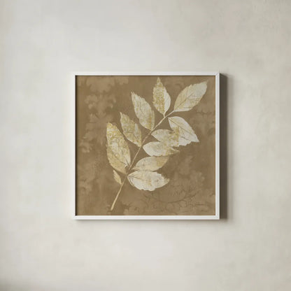Autumn Leaves White on Taupe IV by Albena Hristova. Shown in a crisp white glass frame for a clean and minimalist style. Available as an archival giclee rolled canvas, fine art paper, or poster print. SKU 55461a.