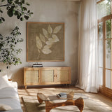 Autumn Leaves White on Taupe IV by Albena Hristova. Shown in a natural wood frame in a cozy modern living room. Available as an archival giclee rolled canvas, fine art paper, or poster print. SKU 55461a.