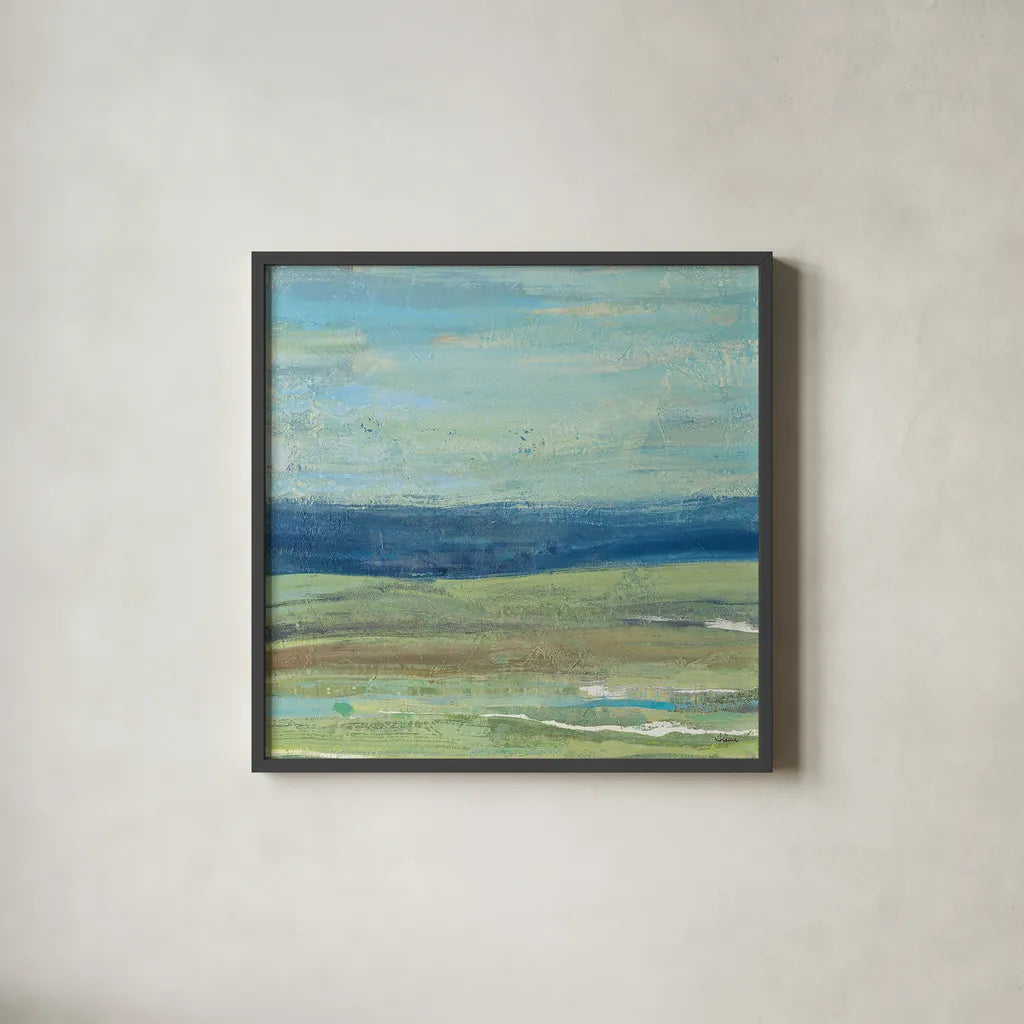 Azure Wave by Albena Hristova. Shown in a sleek black glass frame for a contemporary gallery look. Available as an archival giclee rolled canvas, fine art paper, or poster print. SKU 20041a.