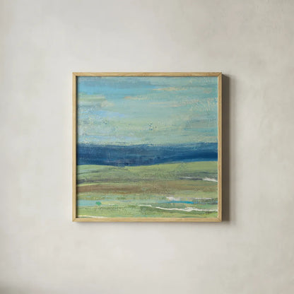 Azure Wave by Albena Hristova. Shown in a natural wood glass frame for a timeless modern aesthetic. Available as an archival giclee rolled canvas, fine art paper, or poster print. SKU 20041a.