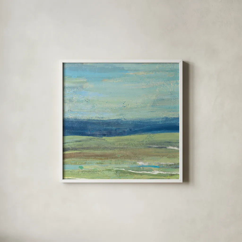 Azure Wave by Albena Hristova. Shown in a crisp white glass frame for a clean and minimalist style. Available as an archival giclee rolled canvas, fine art paper, or poster print. SKU 20041a.