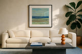 Azure Wave by Albena Hristova. Displayed in a glass frame with matte in a clean modern living room. Available as an archival giclee rolled canvas, fine art paper, or poster print. SKU 20041a.