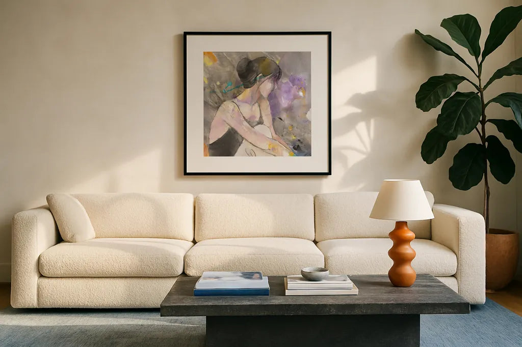 Ballerina I Crop by Albena Hristova. Displayed in a glass frame with matte in a clean modern living room. Available as an archival giclee rolled canvas, fine art paper, or poster print. SKU 68444a.