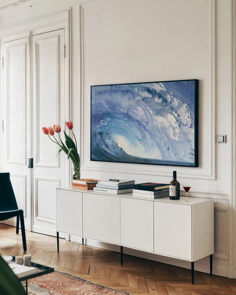 Barrel Wave by Albena Hristova. shown as a framed stretched canvas in a living room above a console. Available as a archival giclee rolled canvas, fine art paper, or poster print. SKU 46909i.