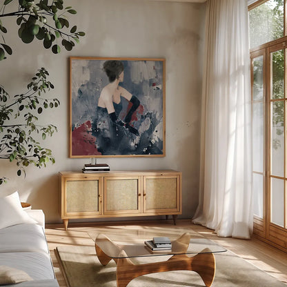 Beautiful Gaze I Blue by Albena Hristova. Shown in a natural wood frame in a cozy modern living room. Available as an archival giclee rolled canvas, fine art paper, or poster print. SKU 84845a.