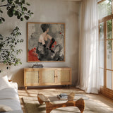 Beautiful Gaze I Neutral by Albena Hristova. Shown in a natural wood frame in a cozy modern living room. Available as an archival giclee rolled canvas, fine art paper, or poster print. SKU 22262a.