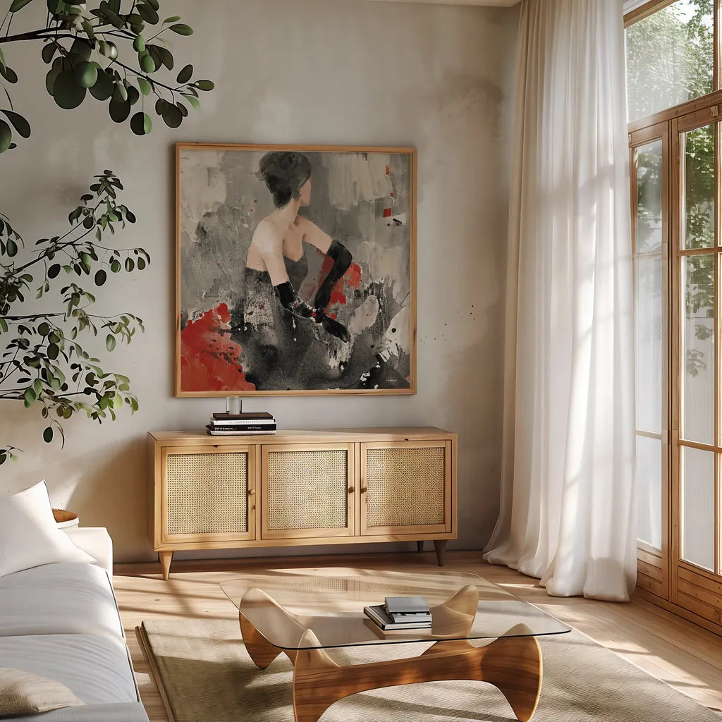 Beautiful Gaze I Neutral by Albena Hristova. Shown in a natural wood frame in a cozy modern living room. Available as an archival giclee rolled canvas, fine art paper, or poster print. SKU 22262a.