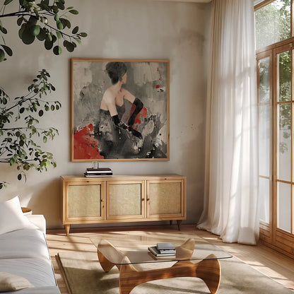 Beautiful Gaze I Neutral by Albena Hristova. Shown in a natural wood frame in a cozy modern living room. Available as an archival giclee rolled canvas, fine art paper, or poster print. SKU 22262a.