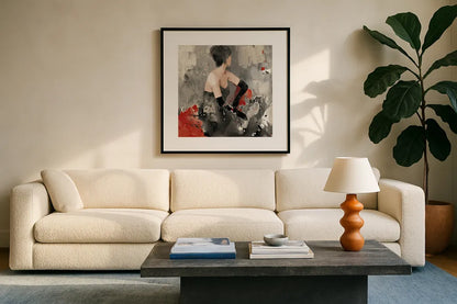 Beautiful Gaze I Neutral by Albena Hristova. Displayed in a glass frame with matte in a clean modern living room. Available as an archival giclee rolled canvas, fine art paper, or poster print. SKU 22262a.