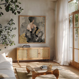 Beautiful Gaze I Neutral Gold by Albena Hristova. Shown in a natural wood frame in a cozy modern living room. Available as an archival giclee rolled canvas, fine art paper, or poster print. SKU 31564a.