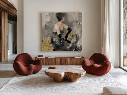 Beautiful Gaze I Neutral Gold by Albena Hristova. Shown as extra-large giant wall art in a modern living room. Available as an archival giclee rolled canvas, fine art paper, or poster print. SKU 31564a.