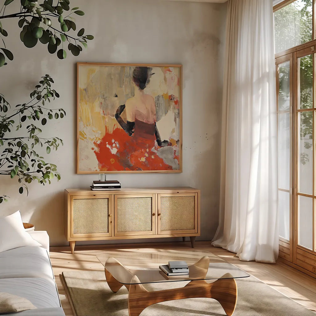 Beautiful Gaze II by Albena Hristova. Shown in a natural wood frame in a cozy modern living room. Available as an archival giclee rolled canvas, fine art paper, or poster print. SKU 22261a.