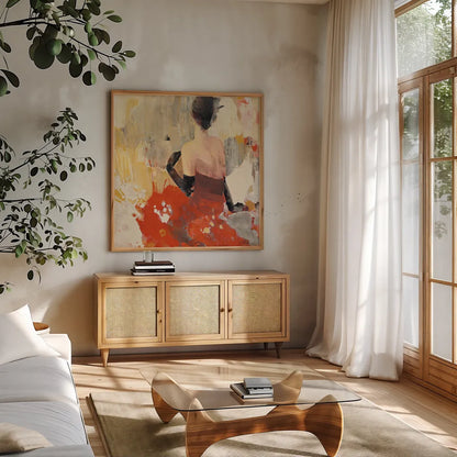 Beautiful Gaze II by Albena Hristova. Shown in a natural wood frame in a cozy modern living room. Available as an archival giclee rolled canvas, fine art paper, or poster print. SKU 22261a.