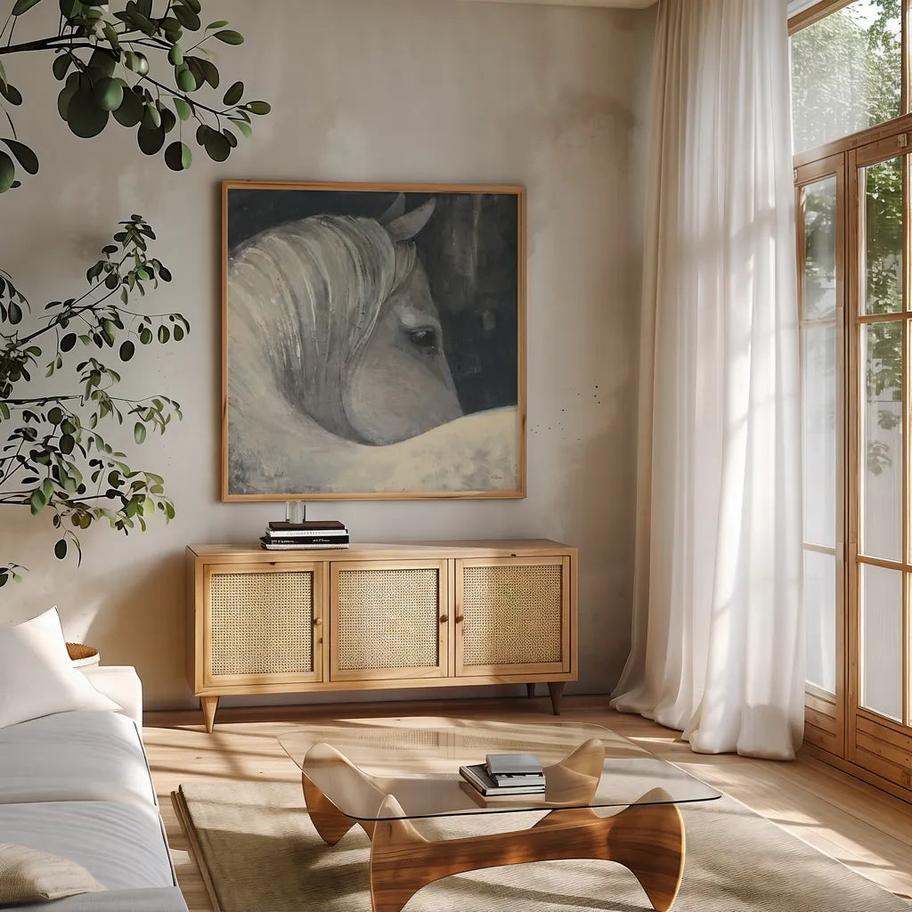 Bijou by Albena Hristova. Shown in a natural wood frame in a cozy modern living room. Available as an archival giclee rolled canvas, fine art paper, or poster print. SKU 31250a.