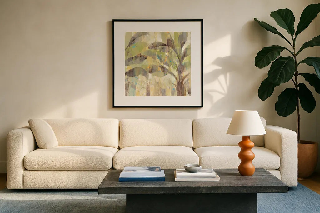 Bimini II by Albena Hristova. Displayed in a glass frame with matte in a clean modern living room. Available as an archival giclee rolled canvas, fine art paper, or poster print. SKU 20038a.