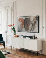 Blaze and Shadow by Albena Hristova. shown as a framed stretched canvas in a living room above a console. Available as a archival giclee rolled canvas, fine art paper, or poster print. SKU 89807i.