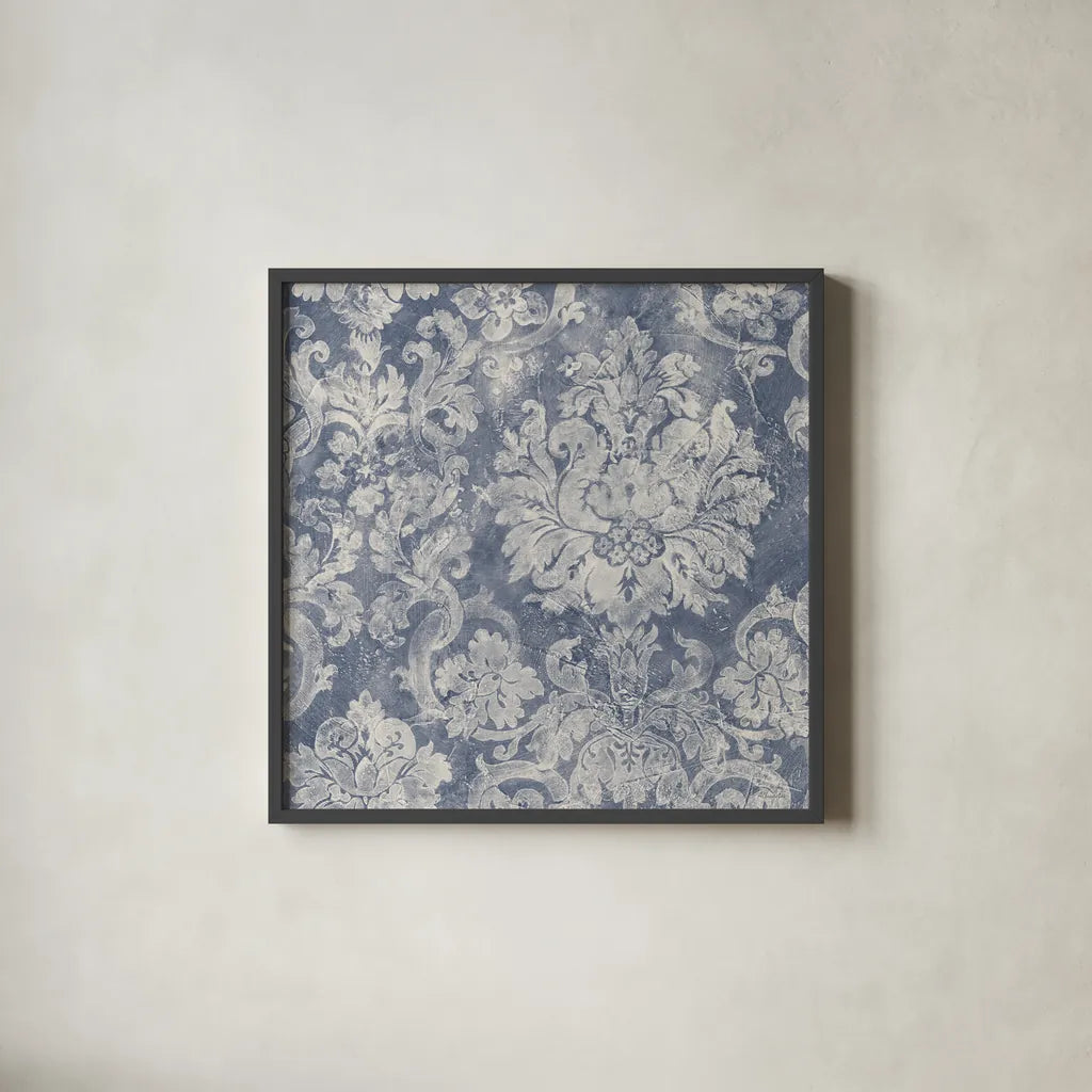 Blue Damask by Albena Hristova. Shown in a sleek black glass frame for a contemporary gallery look. Available as an archival giclee rolled canvas, fine art paper, or poster print. SKU 81055a.