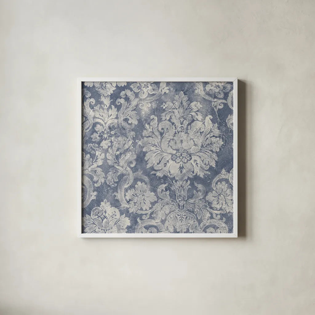 Blue Damask by Albena Hristova. Shown in a crisp white glass frame for a clean and minimalist style. Available as an archival giclee rolled canvas, fine art paper, or poster print. SKU 81055a.