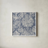 Blue Damask by Albena Hristova. Shown in a crisp white glass frame for a clean and minimalist style. Available as an archival giclee rolled canvas, fine art paper, or poster print. SKU 81055a.