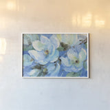 Blue Magnolias by Albena Hristova. shown as a paper print in a white frame. Available as a archival giclee rolled canvas, fine art paper, or poster print. SKU 54828i.