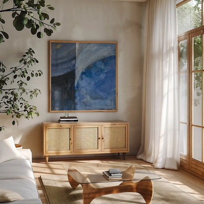 Blue Mood by Albena Hristova. Shown in a natural wood frame in a cozy modern living room. Available as an archival giclee rolled canvas, fine art paper, or poster print. SKU 70622a.