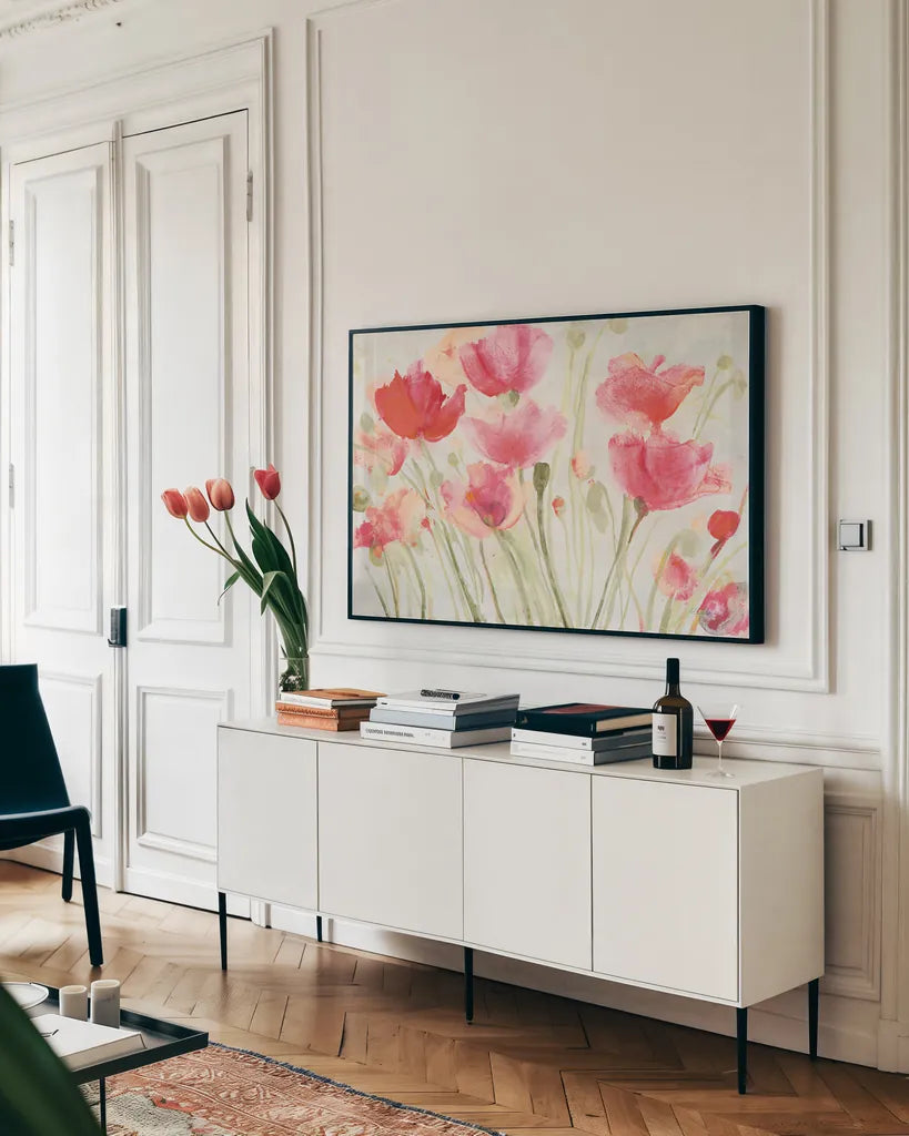 Blush Poppies by Albena Hristova. shown as a framed stretched canvas in a living room above a console. Available as a archival giclee rolled canvas, fine art paper, or poster print. SKU 57586i.