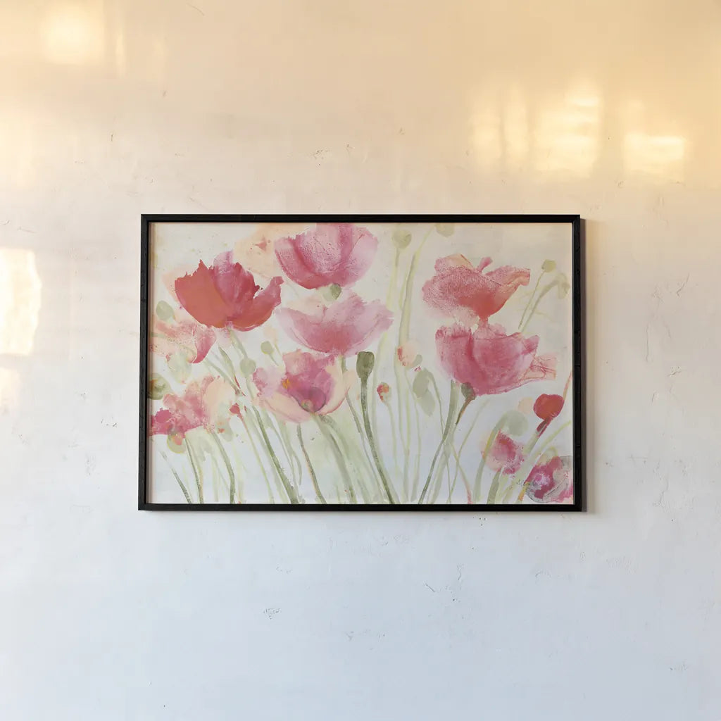 Blush Poppies by Albena Hristova. shown as a paper print in a black flame. Available as a archival giclee rolled canvas, fine art paper, or poster print. SKU 57586i.