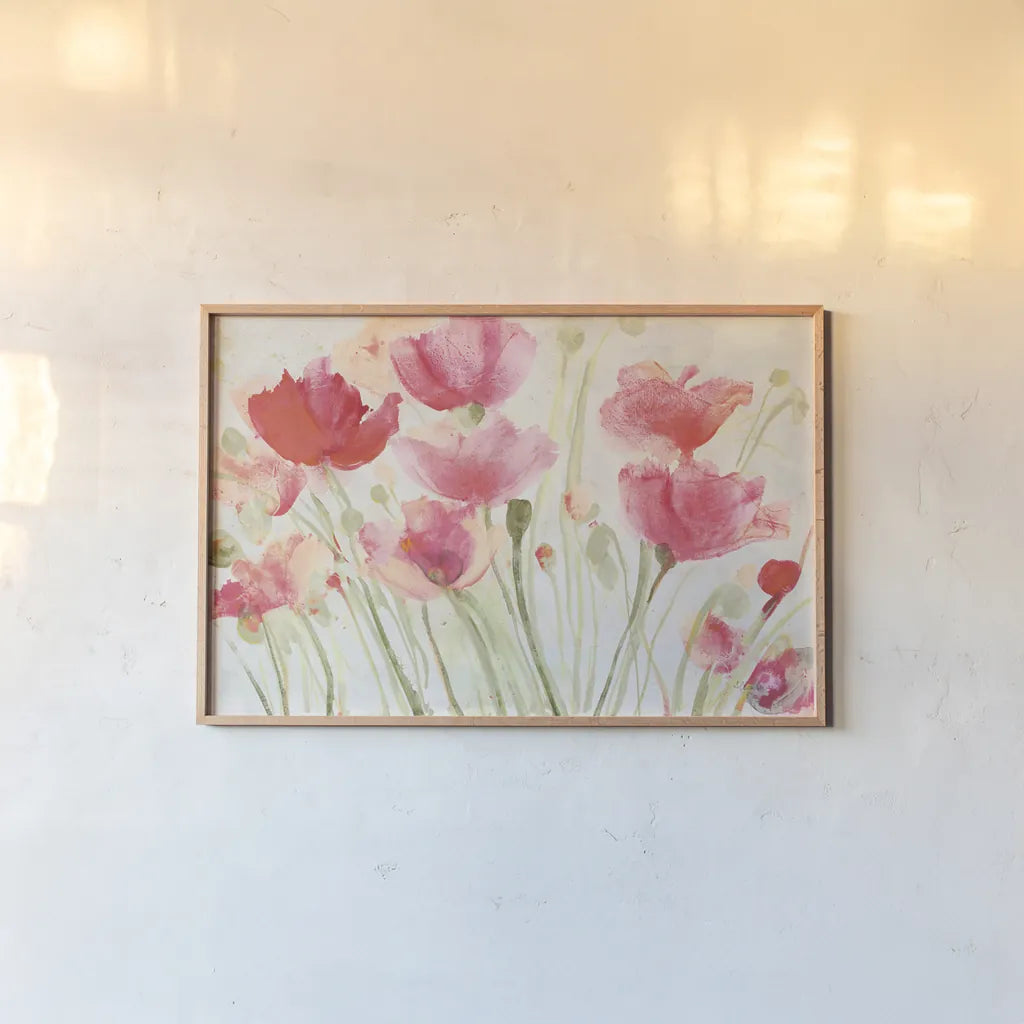 Blush Poppies by Albena Hristova. shown as a paper print in a natural frame. Available as a archival giclee rolled canvas, fine art paper, or poster print. SKU 57586i.