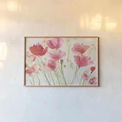 Blush Poppies by Albena Hristova. shown as a paper print in a natural frame. Available as a archival giclee rolled canvas, fine art paper, or poster print. SKU 57586i.