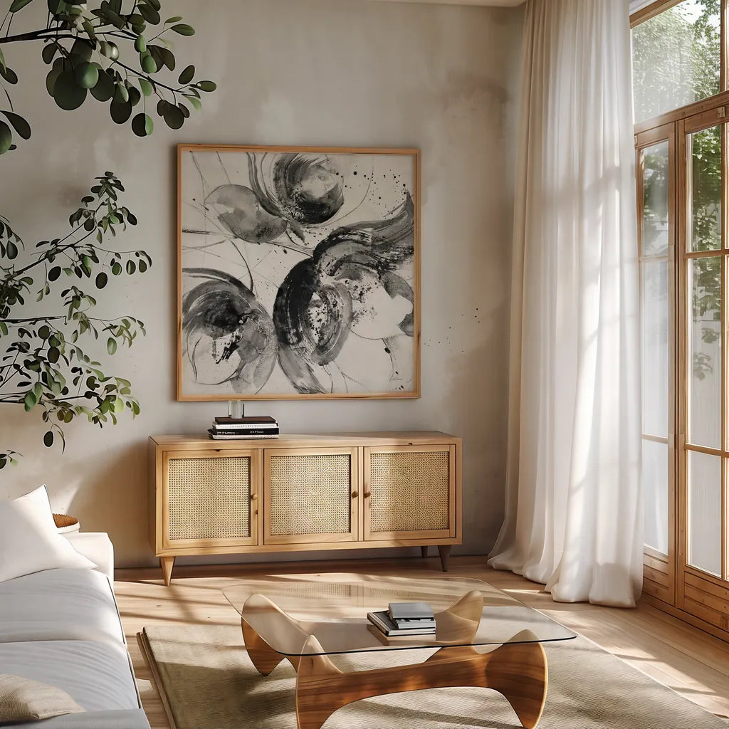 Bold II Crop by Albena Hristova. Shown in a natural wood frame in a cozy modern living room. Available as an archival giclee rolled canvas, fine art paper, or poster print. SKU 35844a.