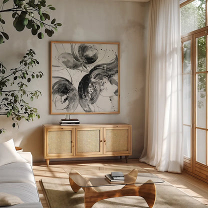 Bold II Crop by Albena Hristova. Shown in a natural wood frame in a cozy modern living room. Available as an archival giclee rolled canvas, fine art paper, or poster print. SKU 35844a.