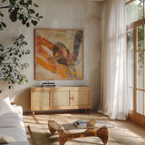 Boundless Energy II by Albena Hristova. Shown in a natural wood frame in a cozy modern living room. Available as an archival giclee rolled canvas, fine art paper, or poster print. SKU 66027a.