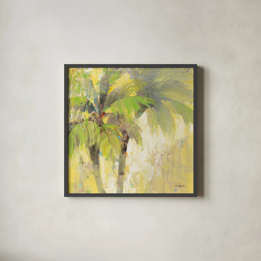 Breezy Palm I by Albena Hristova. Shown in a sleek black glass frame for a contemporary gallery look. Available as an archival giclee rolled canvas, fine art paper, or poster print. SKU 17822a.
