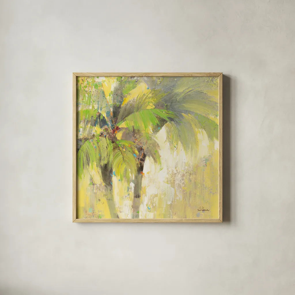 Breezy Palm I by Albena Hristova. Shown in a natural wood glass frame for a timeless modern aesthetic. Available as an archival giclee rolled canvas, fine art paper, or poster print. SKU 17822a.