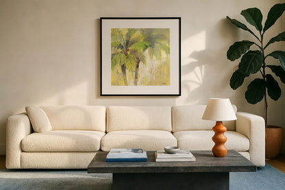 Breezy Palm I by Albena Hristova. Displayed in a glass frame with matte in a clean modern living room. Available as an archival giclee rolled canvas, fine art paper, or poster print. SKU 17822a.