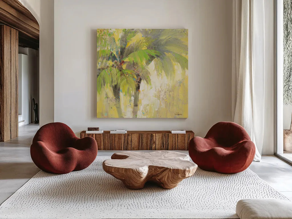 Breezy Palm I by Albena Hristova. Shown as extra-large giant wall art in a modern living room. Available as an archival giclee rolled canvas, fine art paper, or poster print. SKU 17822a.
