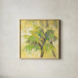 Breezy Palm II by Albena Hristova. Shown in a natural wood glass frame for a timeless modern aesthetic. Available as an archival giclee rolled canvas, fine art paper, or poster print. SKU 17823a.