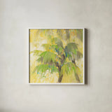 Breezy Palm II by Albena Hristova. Shown in a crisp white glass frame for a clean and minimalist style. Available as an archival giclee rolled canvas, fine art paper, or poster print. SKU 17823a.