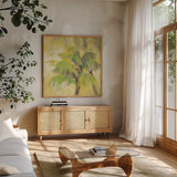 Breezy Palm II by Albena Hristova. Shown in a natural wood frame in a cozy modern living room. Available as an archival giclee rolled canvas, fine art paper, or poster print. SKU 17823a.